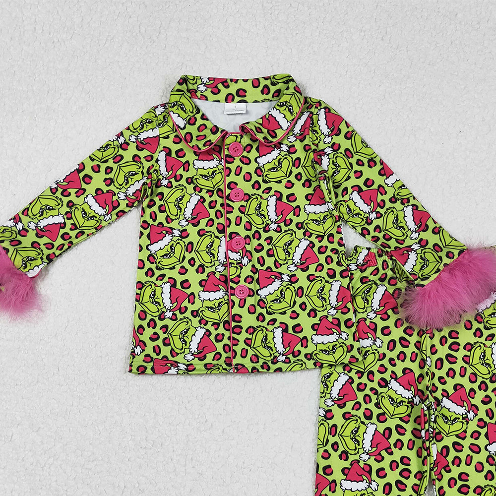 RTS NO MOQ （In stock）GLP2669 Baby Girls Winter Outfits Leopard Green Face Fur Christmas Pajamas Button down Comfortable Sleepwear