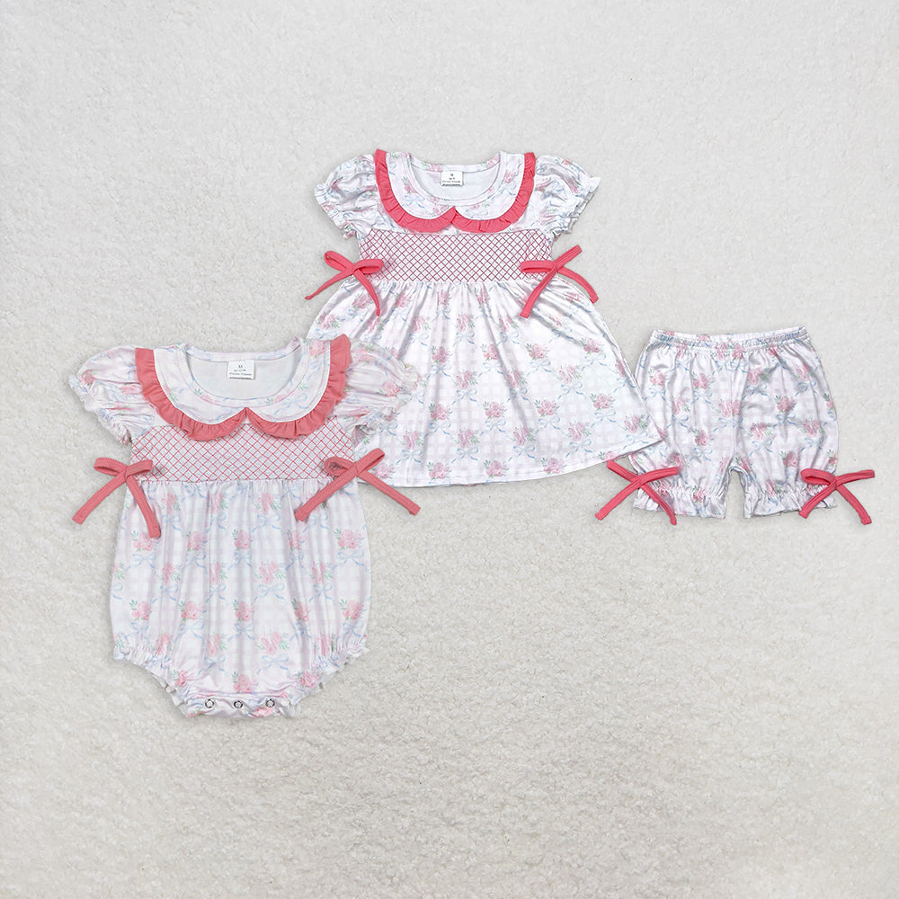 7.02 RTS NO MOQ Short sleeves floral plaid bow tunic shorts girls clothes rompers