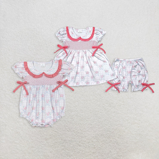 7.02 RTS NO MOQ Short sleeves floral plaid bow tunic shorts girls clothes rompers