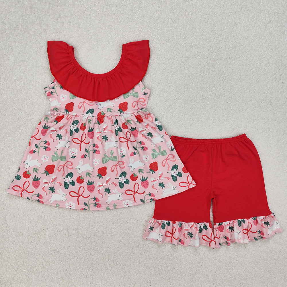 GSSO1914Girls Sleeveless Ruffle Striped Rabbit Bow Easter Clothing Cute Spring/Summer Outfit for Kids