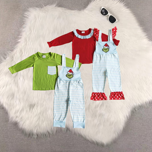 RTS Sibling Baby boys and girls cotton top green face stripe overalls kids Christmas set