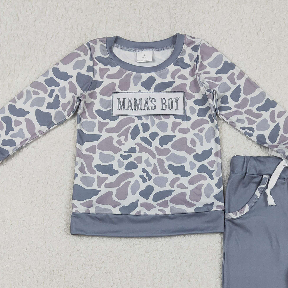 11.20 RTS NO MOQ （In stock）BLP1335 Embroidery Mama's Boy Baby Boys Grey Camo Pockets Jogger Pants Clothes Sets