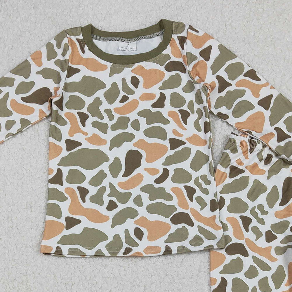 RTS NO MOQ （In stock）BLP1228 Baby Boys Winter Outfits Green Yellow Camo Top Pant Western Pajamas Set