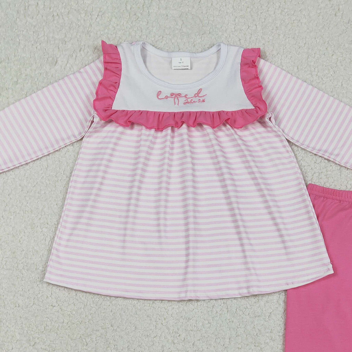 12.18 RTS NO MOQ （In stock）GLP2916 Embroidery Love John 3:16 Baby Girls Pink Stripe Tunic Leggings Valentines Clothes Sets