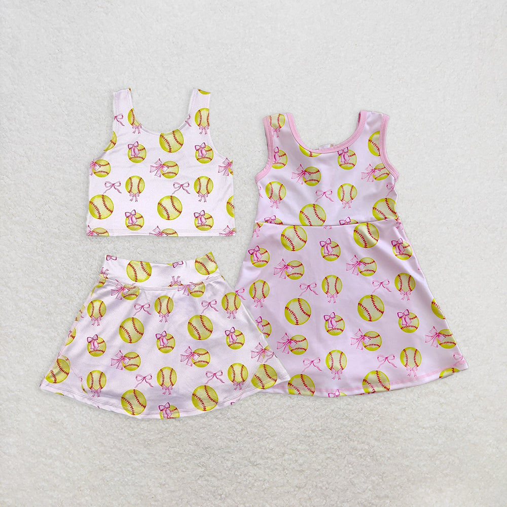 7.14  RTS NO MOQ Sleeveless softball bow top skirt girls active wear set