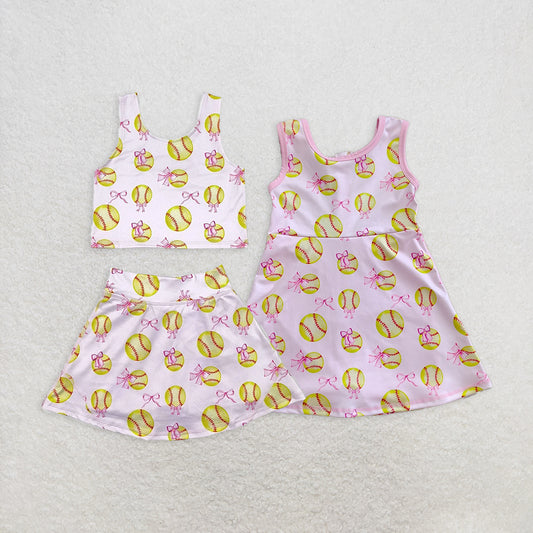 7.14  RTS NO MOQ Sleeveless softball bow top skirt girls active wear set