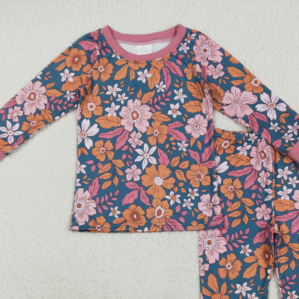 RTS NO MOQ （In stock）GLP2385 Baby Girls Winter Outfits Baby Girls Lavender Long Sleeves Floral Top Pants Pajamas Sets