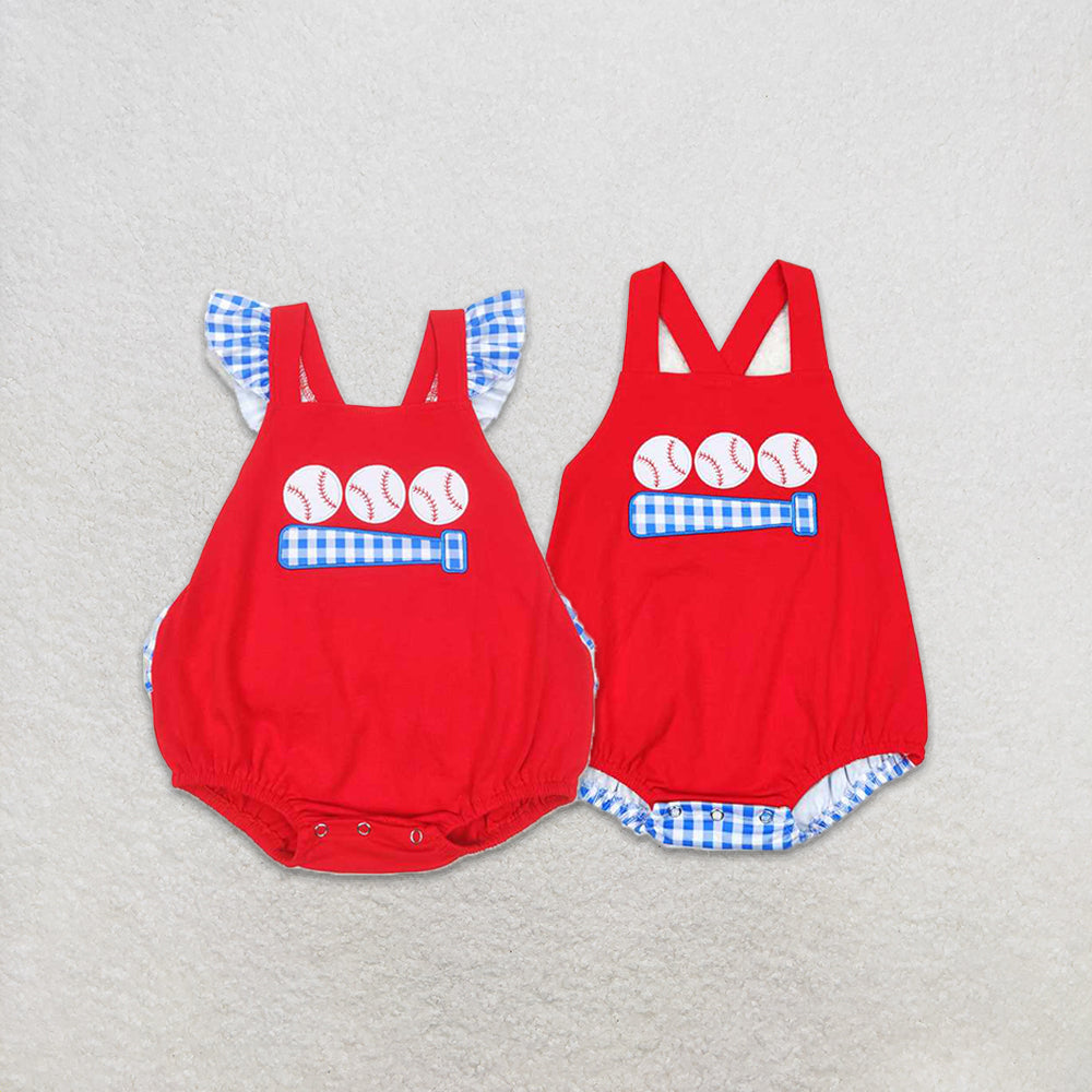 4.26 RTS NO MOQ Red Plaid Ruffle Baby Girls Romper Baseball Theme Cute Infant Outfit for Girls