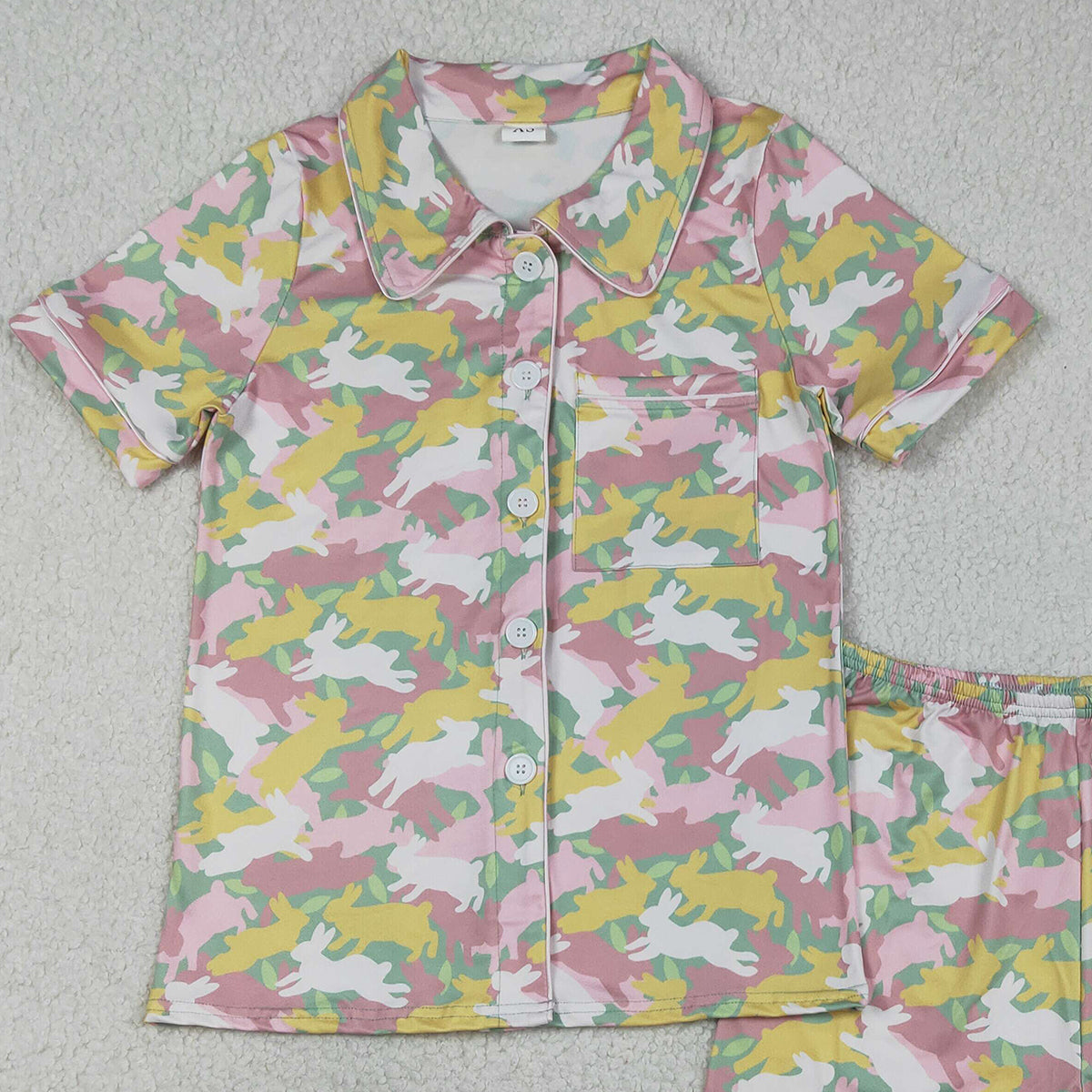 1.12 RTS NO MOQ （In stock）GSSO2973 Adult Women Rabbits Camo Button Pocket Top Shorts Easter Pajamas Set