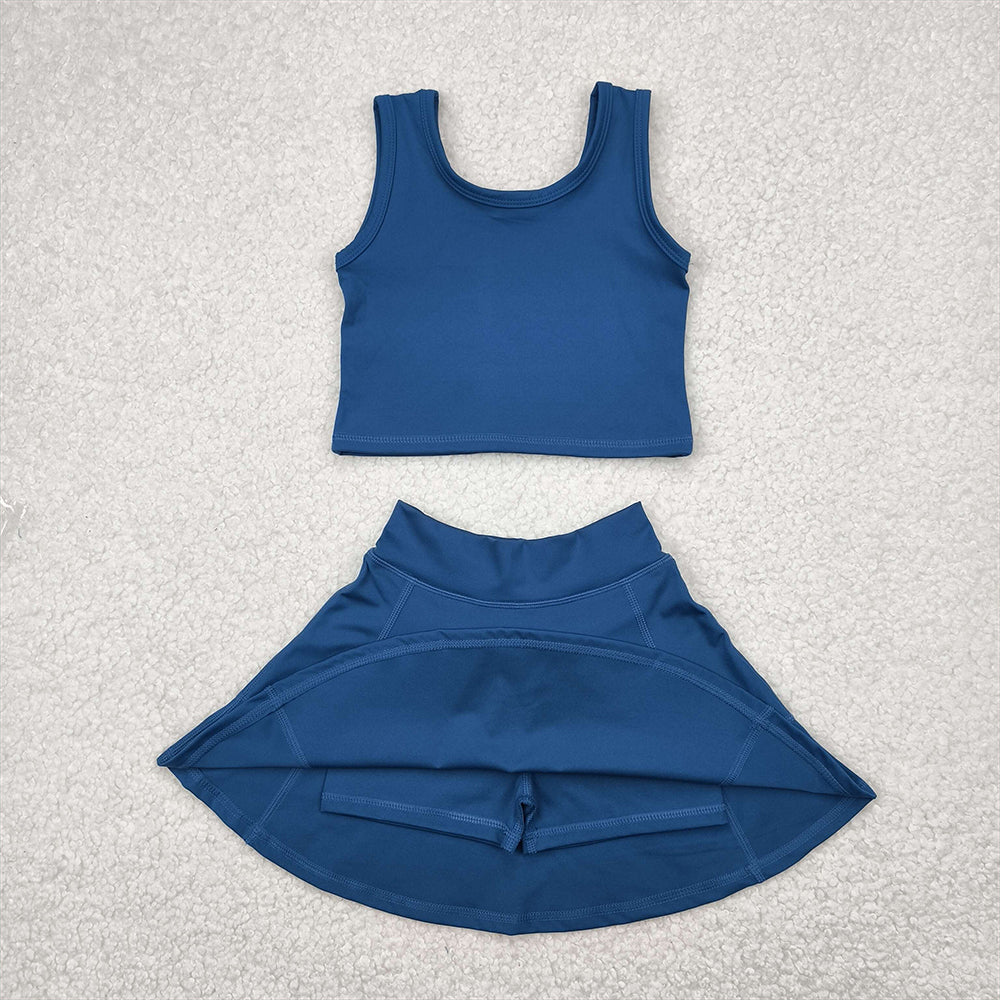 5.15  GSD1986 RTS NO MOQ Baby Girls Yoga Outfits Dark blue sleeveless top skirt kids girls active wear set