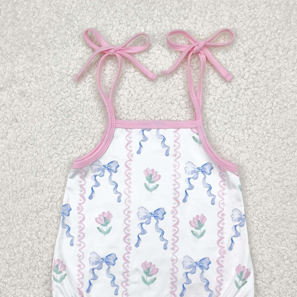 6.18 SR2858 RTS NO MOQ Baby Girls Summer Rompers Baby Infant Girls Blue Bows Flowers Straps Rompers