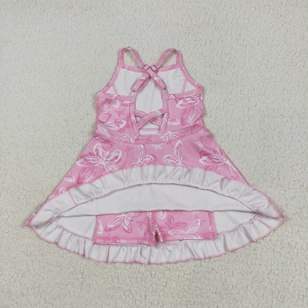 7.16 GSD2292 RTS NO MOQ  Baby Girls Summer Yoga Dress Baby Girls Pink Strap Butterfly Yoga Ruffle Knee Length Dresses