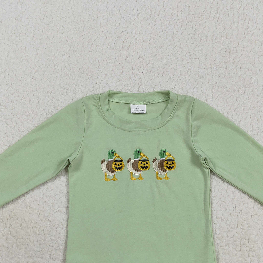 8.22  RTS NO MOQ （In stock）BT1278 Baby Boys Long Sleeve Tops Embroidery Baby Boys Green Long Sleeves Ghost Pumpkins Ducks Tee Shirts Tops
