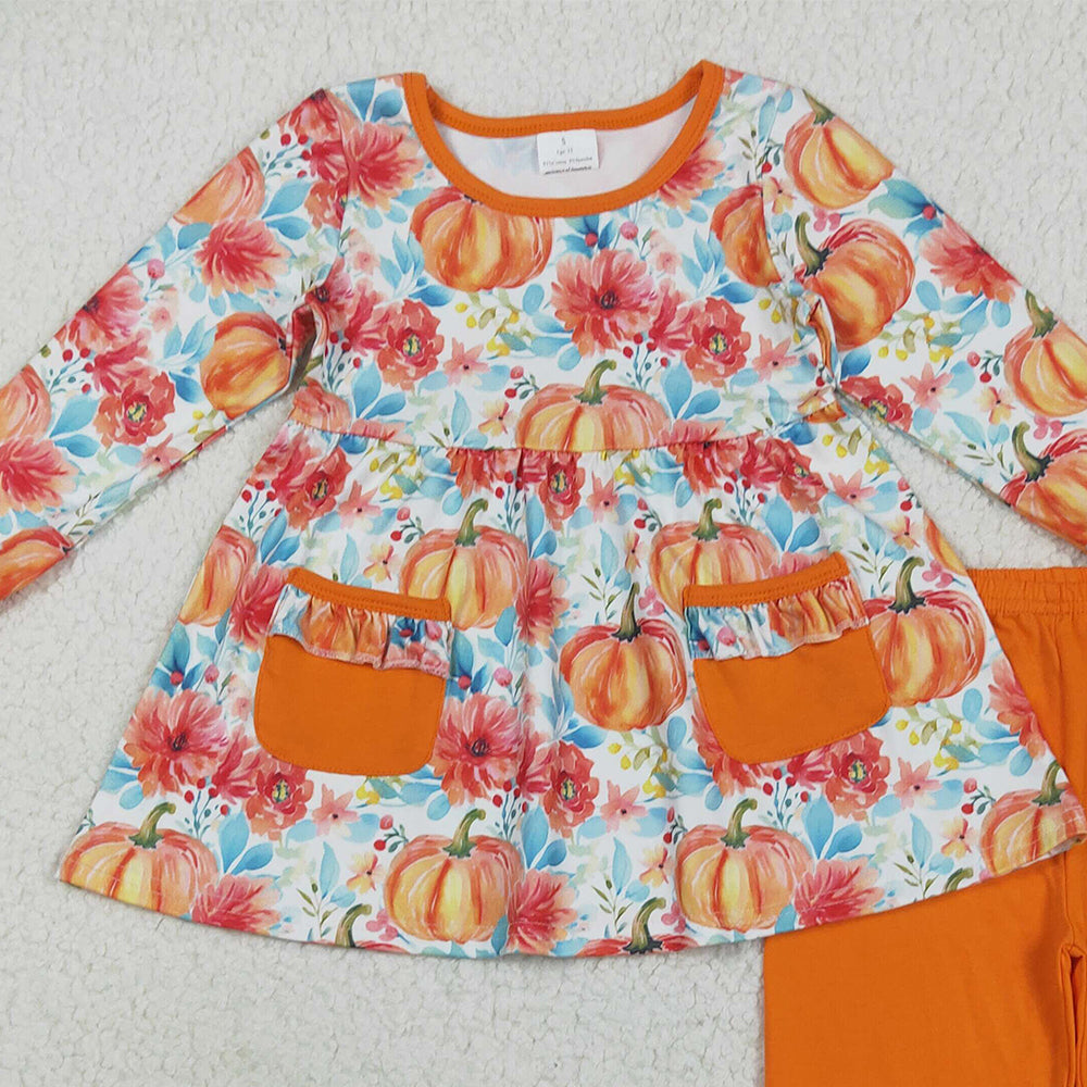 RTS NO MOQ （In stock）GLP2399 Baby Girls Winter Outfits Baby Girls Fall Pumpkins Pockets Tunic Legging Pants Set