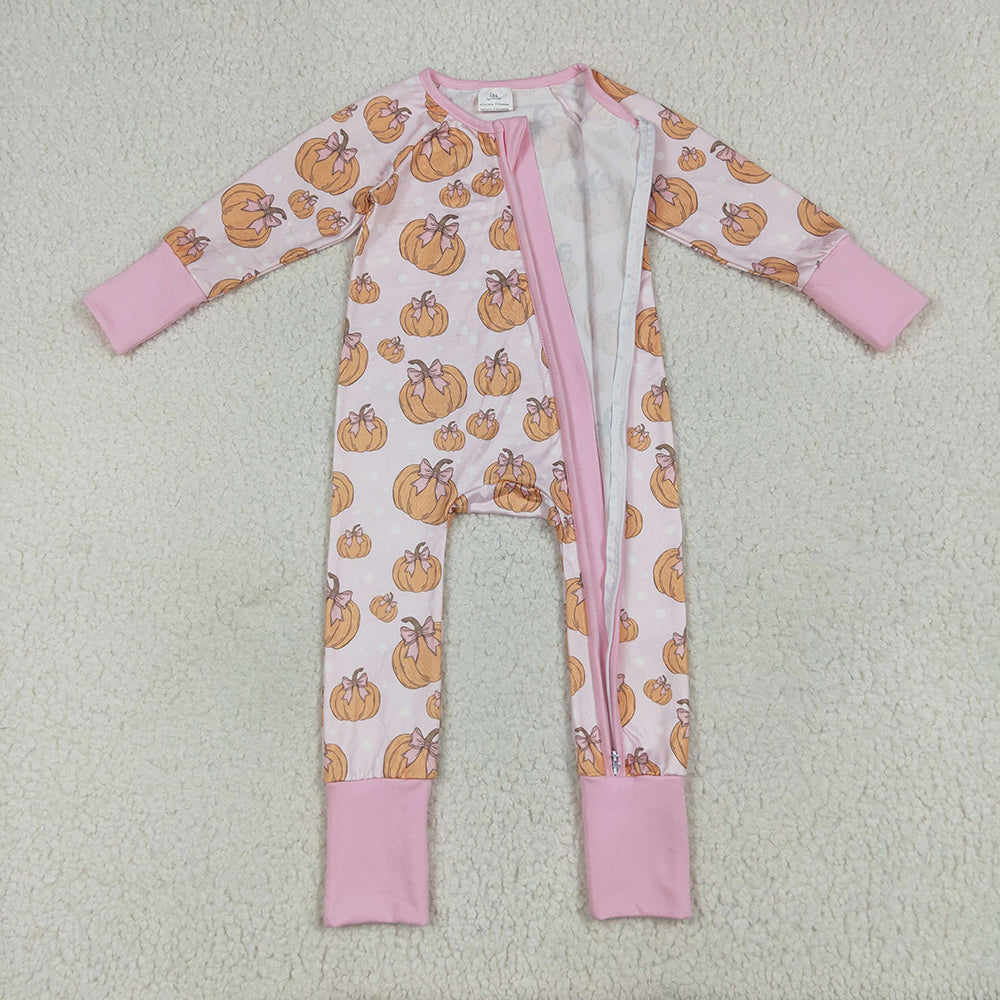 USA Shop (in stock)LR2271 Baby Girls Winter Rompers Baby Girls Long Sleeves Pink Bows Pumpkins Footie Zipper Rompers