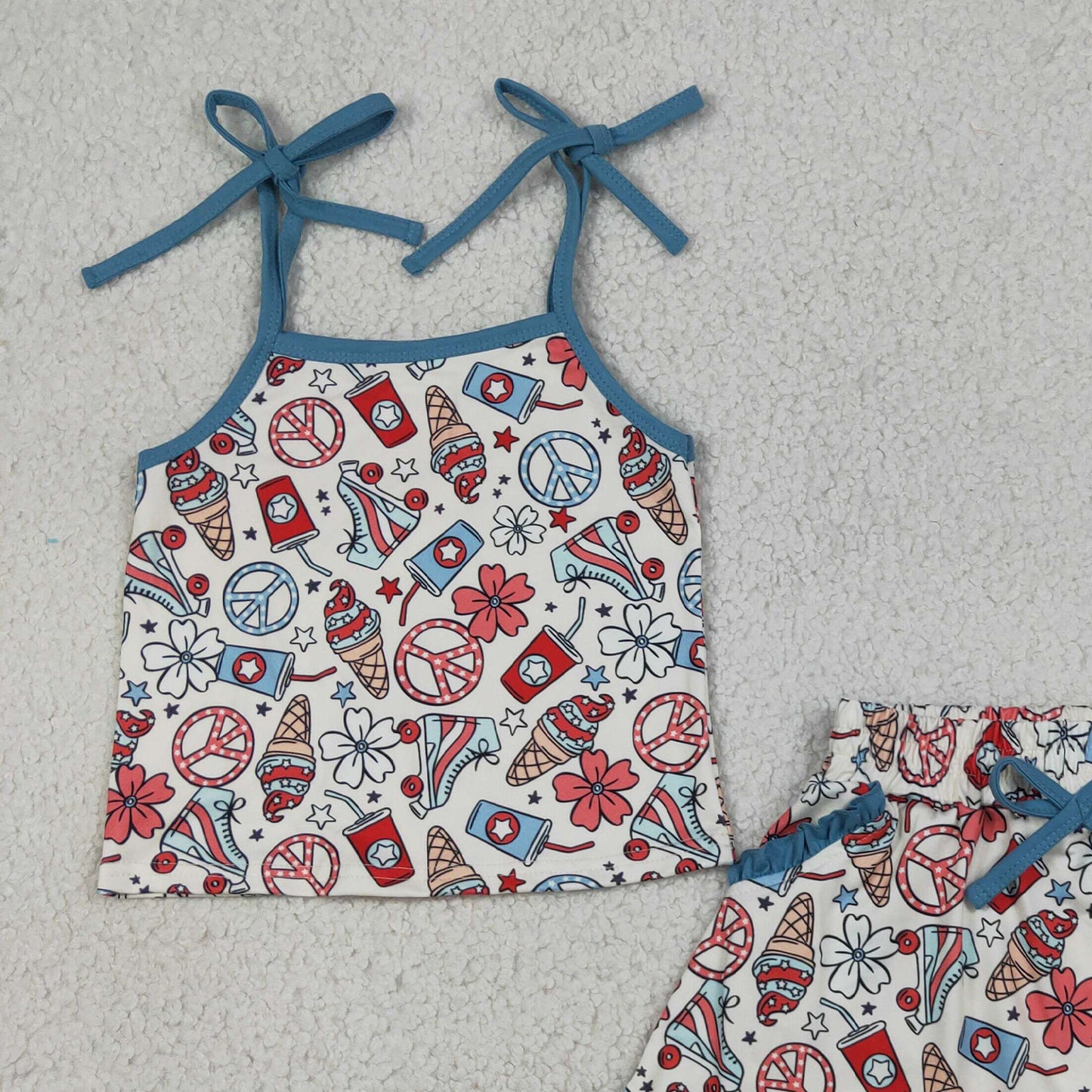 GSD3827 RTS NO MOQ （In stock）Straps floral ice cream top skirt girls 4th of july outfits