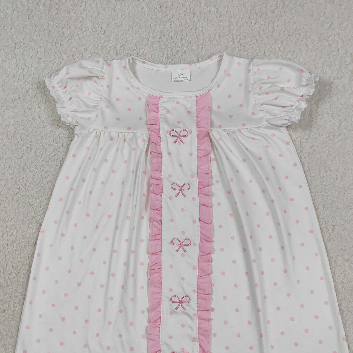 GSD3312 RTS NO MOQ （In stock）Short sleeves pink polka dots bow embroidery girls dresses
