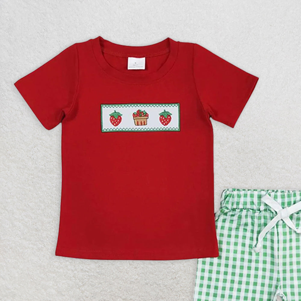 BSSO0810RTS NO MOQ Baby Boys Summer Boys Outfits  Baby Boys Red Strawberry Cake Shirt Top Shorts Clothes Sets