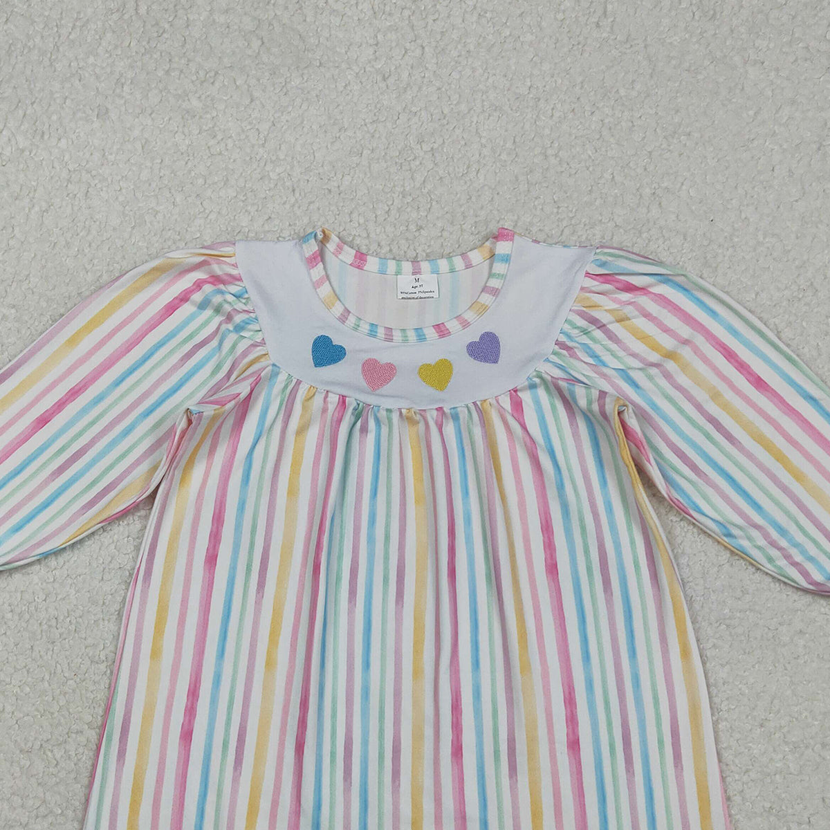 11.4 RTS NO MOQ （In stock）GLD1335 Baby Girls Winter Dress Embroidery Hearts Baby Girls Colorful Stripes Valentine Knee Length Dresses