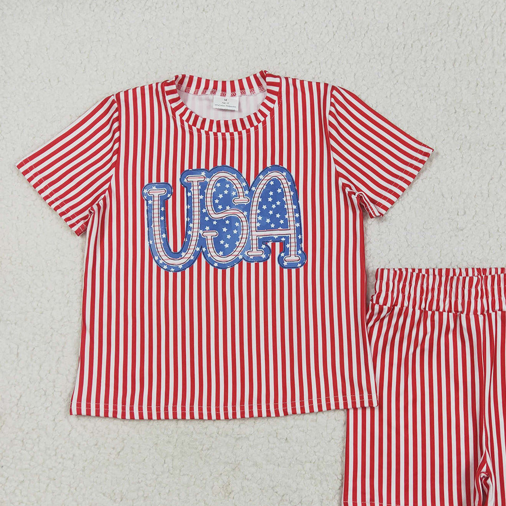 7.02 GSSO2577 RTS NO MOQ Baby Girls Summer Outfits Baby Girls Red Stripe USA Top Short 4th Of July Pajamas Set