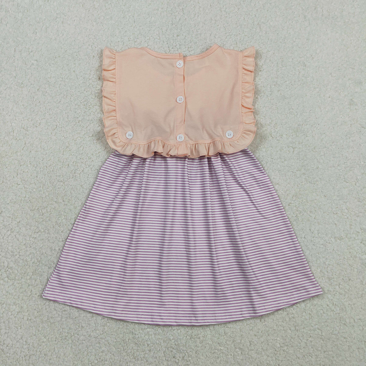 2.4 RTS NO MOQ （In stock）GSD3559 Baby Girls Peach Sleeveless Lavender Stripe Button Knee Length Dresses