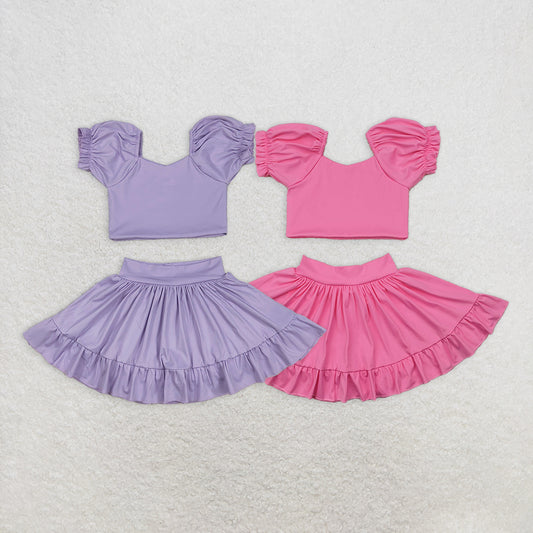 7.02 RTS NO MOQ Lavender short sleeves crop top ruffle skirt girls active set