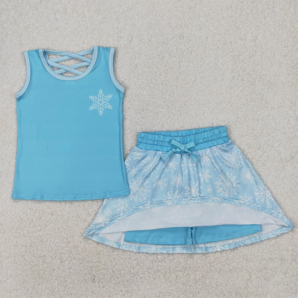 4.07 GSD2074 RTS NO MOQ Baby Girls Summer Outfits Light blue sleeveless snowflake top skirt princess girls clothes