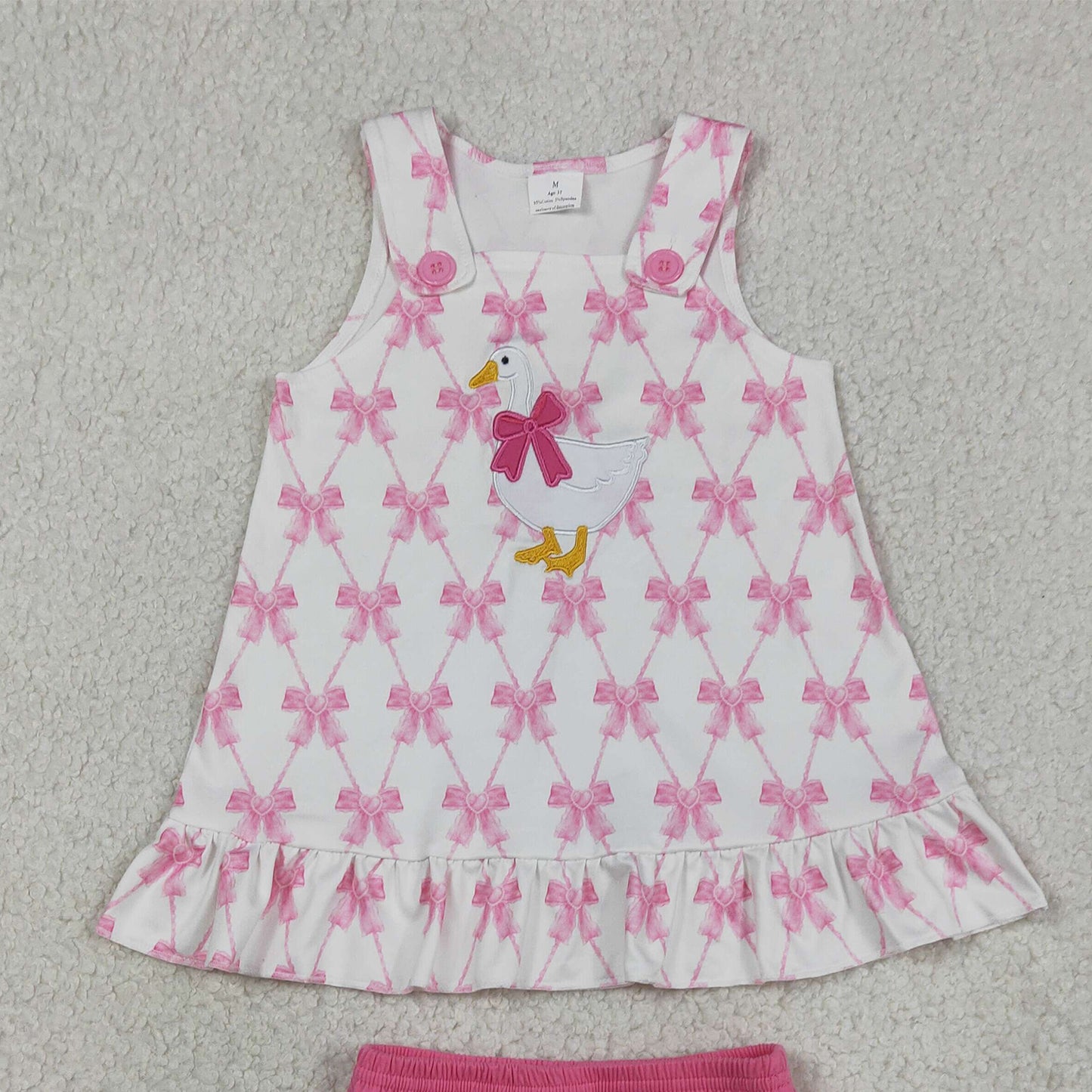 GBO0505 RTS NO MOQ （In stock）Sleeveless pink bow goose embroidery baby girls bummies set