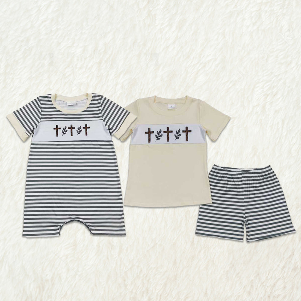 6.05  Boys Easter Outfit Short Sleeves Cross Top Stripe Shorts Spring Holiday Clothes for Kids