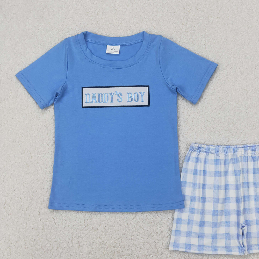 BSSO1433 RTS NO MOQ Baby Boys Summer Boys Outfits Light blue daddy's boy plaid shorts boys clothing