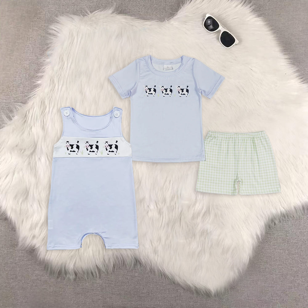 8.02 RTS Sibling Short sleeves cows top plaid shorts boys clothes rompers