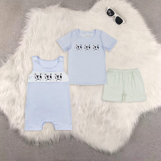 8.02 RTS Sibling Short sleeves cows top plaid shorts boys clothes rompers