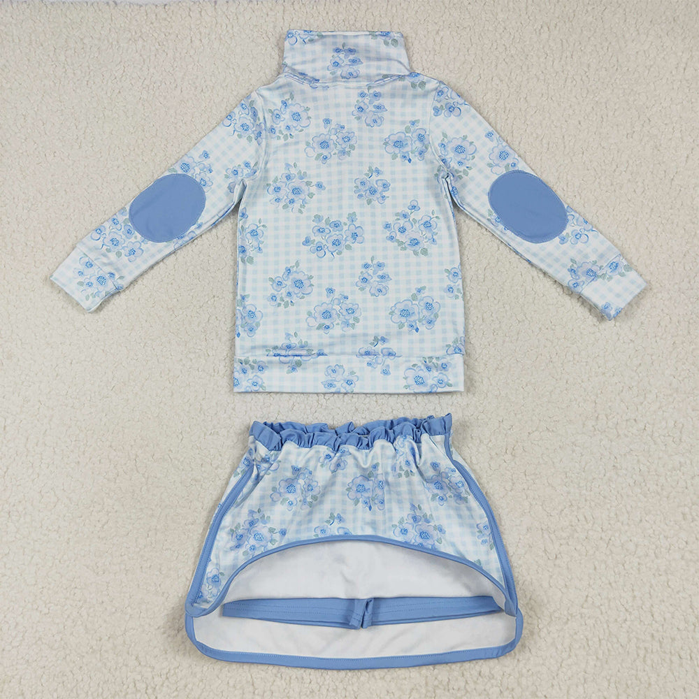 RTS NO MOQ （In stock） GLD1097 Baby Girls Yoga Outfits Baby Girls Long Sleeves Blue Flowers Plaid Zipper Top Skorts Yoga Sets