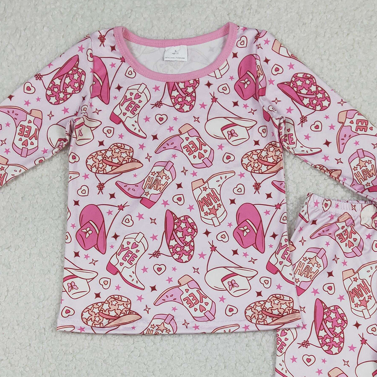 12.26 RTS NO MOQ （In stock）GLP3085 Baby Girls Pink Howdy Boots Hats Top Pants Western Pajamas Sets