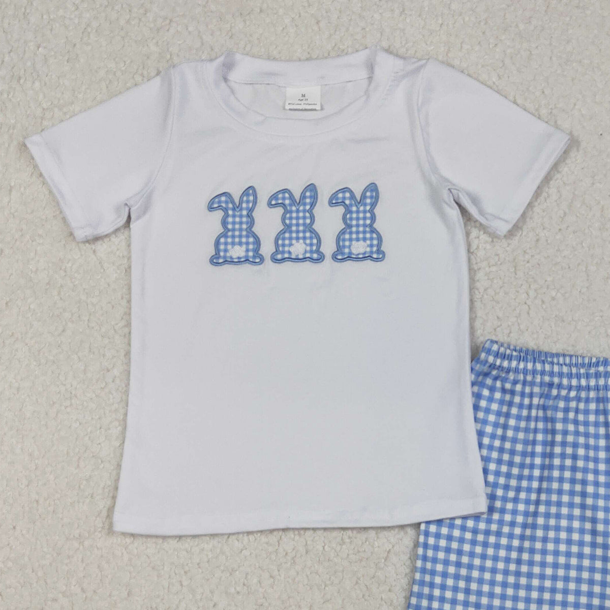 10.27 RTS NO MOQ （In stock）BSSO1123 Baby Boys Summer Outfits Embroidery Rabbits Baby Boys Checkered Shorts Easter Clothes Sets