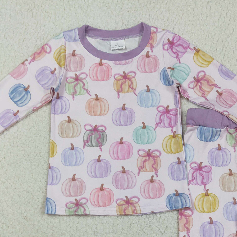 RTS NO MOQ （In stock）GLP2597 Baby Girls Winter Outfits Baby Girls Long Sleeves Colorful Bows Pumpkins Top Pant Pajamas Set