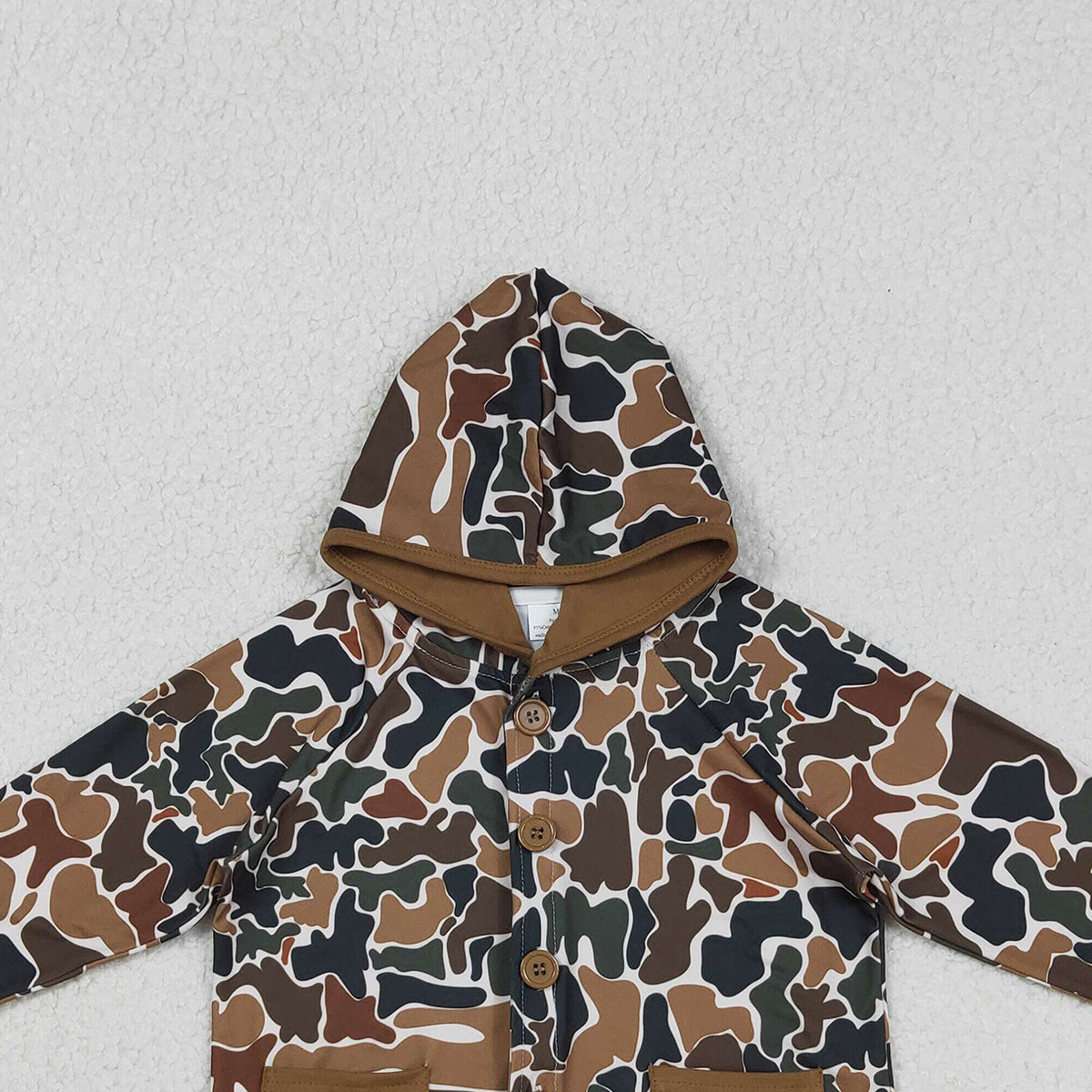 12.12 RTS NO MOQ （In stock）BT1442 Baby Boys Southern Dark Brown Camo Button Pockets Hoodie Jackets Top
