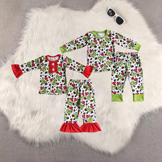 8.20 RTS Sibling Baby Boys Girls Green face leopard kids Christmas pajamas