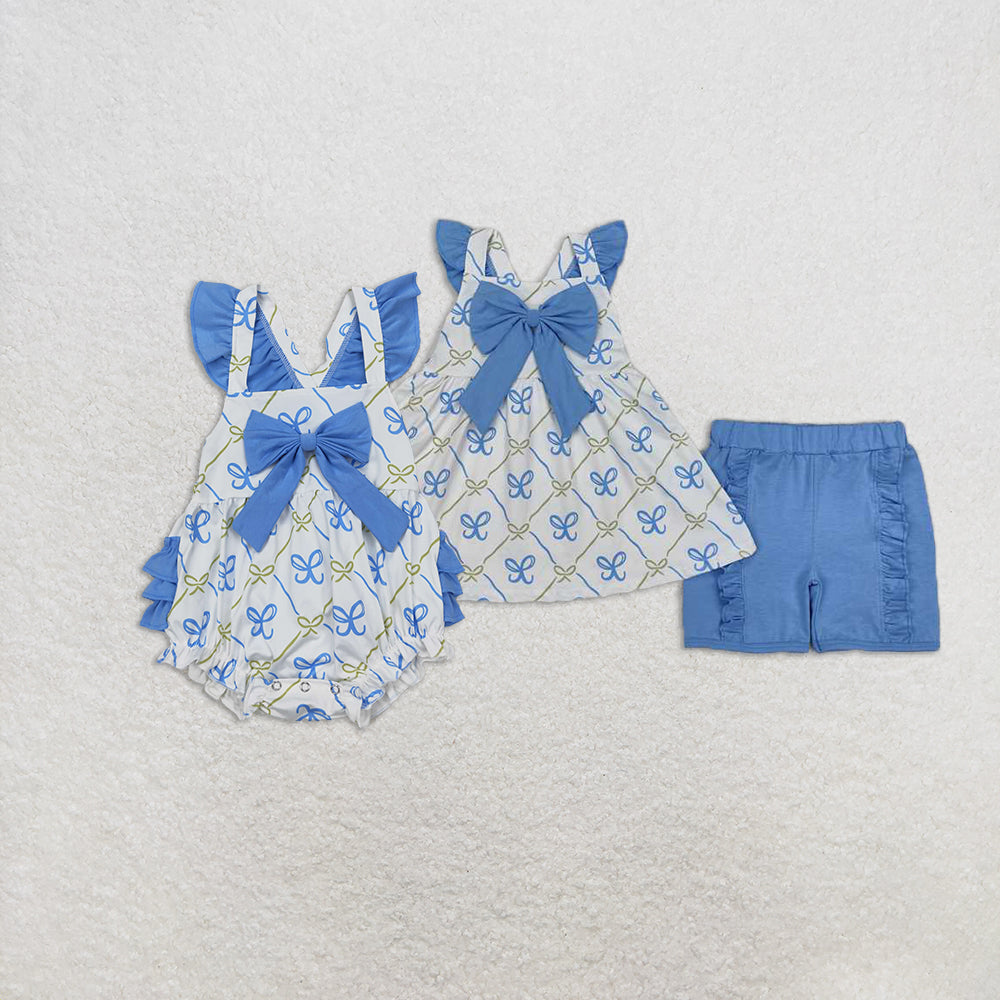 4.18 RTS NO MOQ Girls Tunic Top with Flutter Sleeves Light Bow Detail Ruffle Shorts Set Cute Casual Outfit for Kids