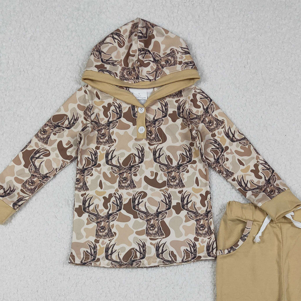 10.10 RTS NO MOQ （In stock）BLP1239 Baby Boys Winter Outfits Baby Boys Khaki Camo Deer Button Hoodies Pockets Leggings Hunting Clothes Set