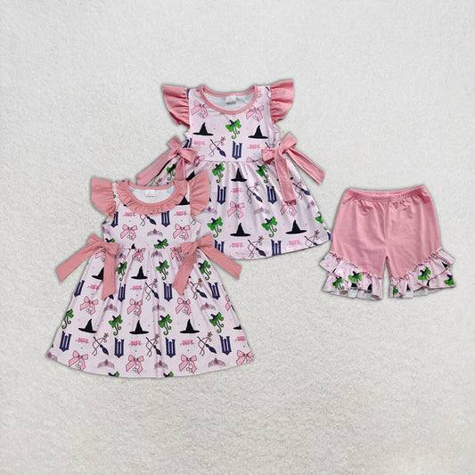 5.16 RTS NO MOQ Girls Witches Costume Set with Flutter Sleeves Bow Tunic And Shorts for Halloween Party Outfit