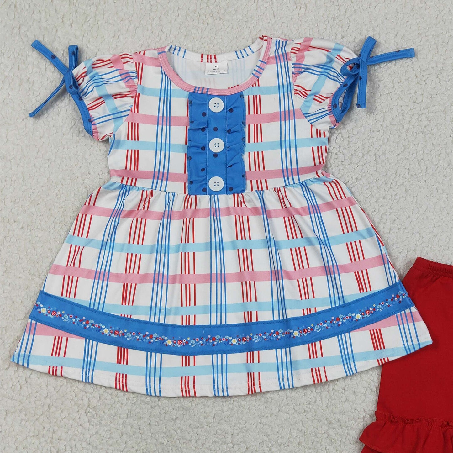 GSSO2815 RTS NO MOQ （In stock ）Plaid ruffle tunic red shorts girls 4th of july outfits