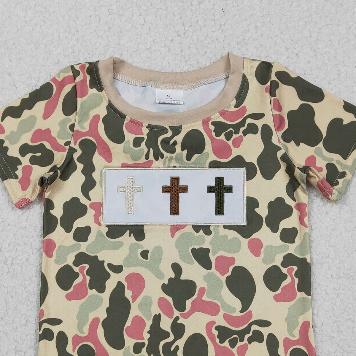 12.15 RTS NO MOQ （In stock）BT1395 Embroidery Crosses Baby Boys Short Sleeve Camo Easter T-shirts Top