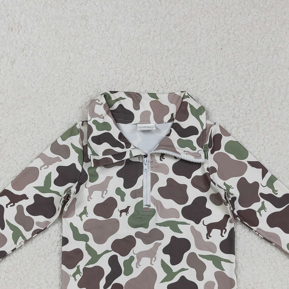 RTS NO MOQ （In stock）BT0955 Baby Boys Long Sleeve Tops Camouflage Half Zip Pullover Top Southern Dogs And Ducks Design