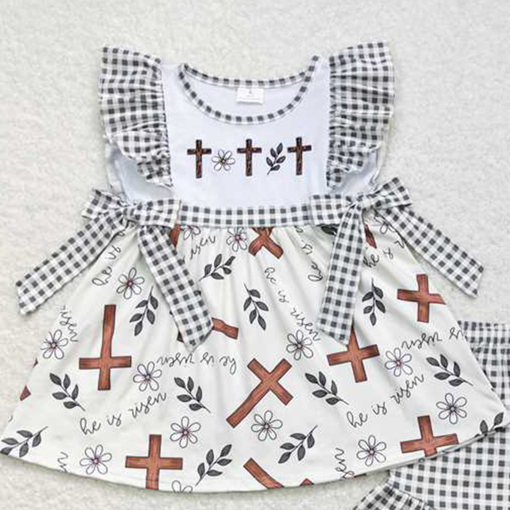 GSSO0492New Rts No Moq 8-9 Days By Air Arrived it Cross floral tunic plaid shorts girls easter outfits