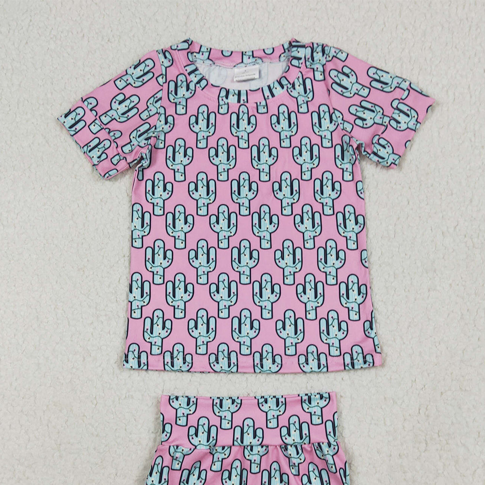 GBO0446 RTS NO MOQ Baby Girls Summer Outfits Baby Girls Pink Cactus Shirts Top Bummies Clothes Sets