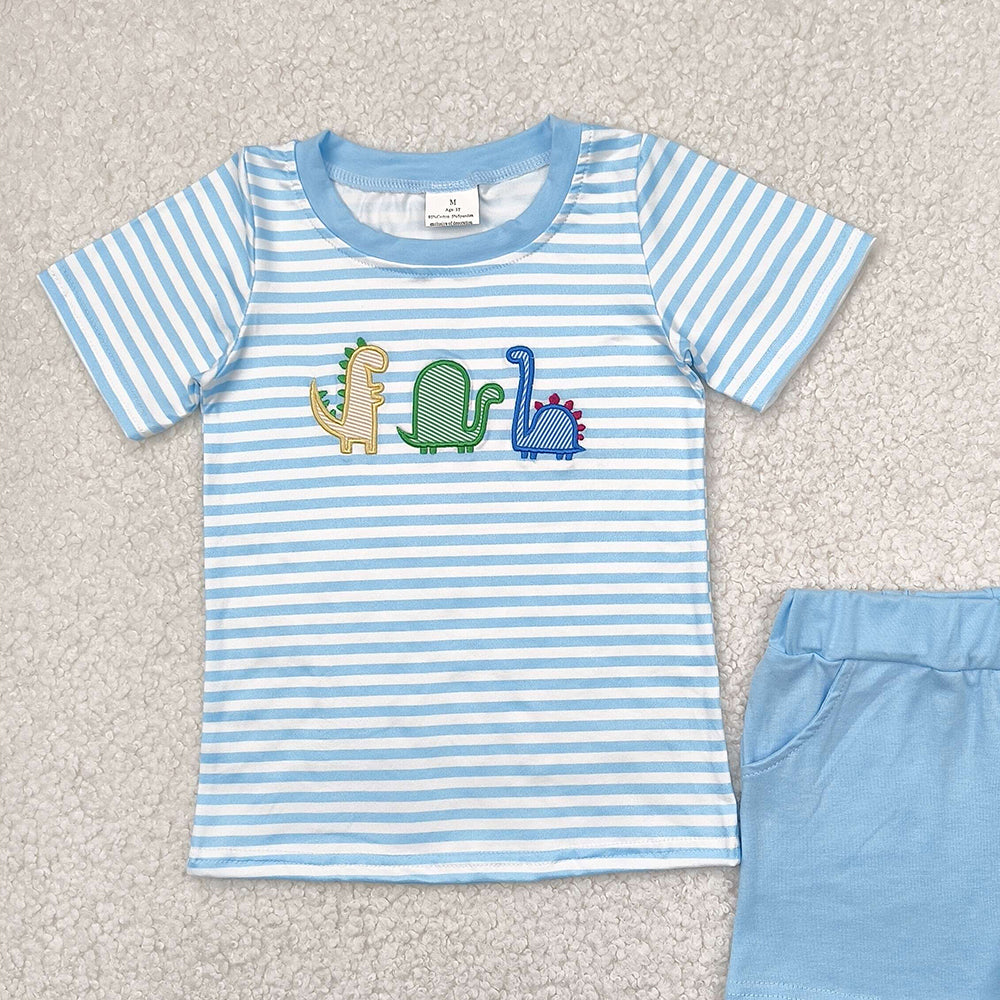 BSSO1375 RTS NO MOQ Baby Boys Summer Boys Outfits Embroidery Baby Boys Blue Dinosaurs Shirt Tops Shorts Clothes Sets