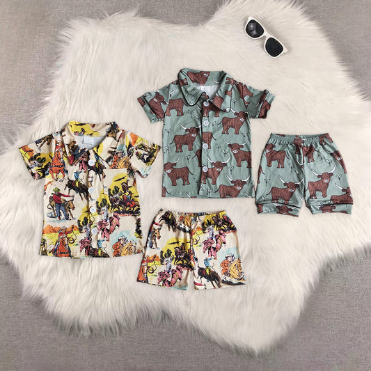8.14  RTS Sibling Baby Boys Summer Boys Outfits Cow boy horse print boy short sleeve shorts summer pajamas