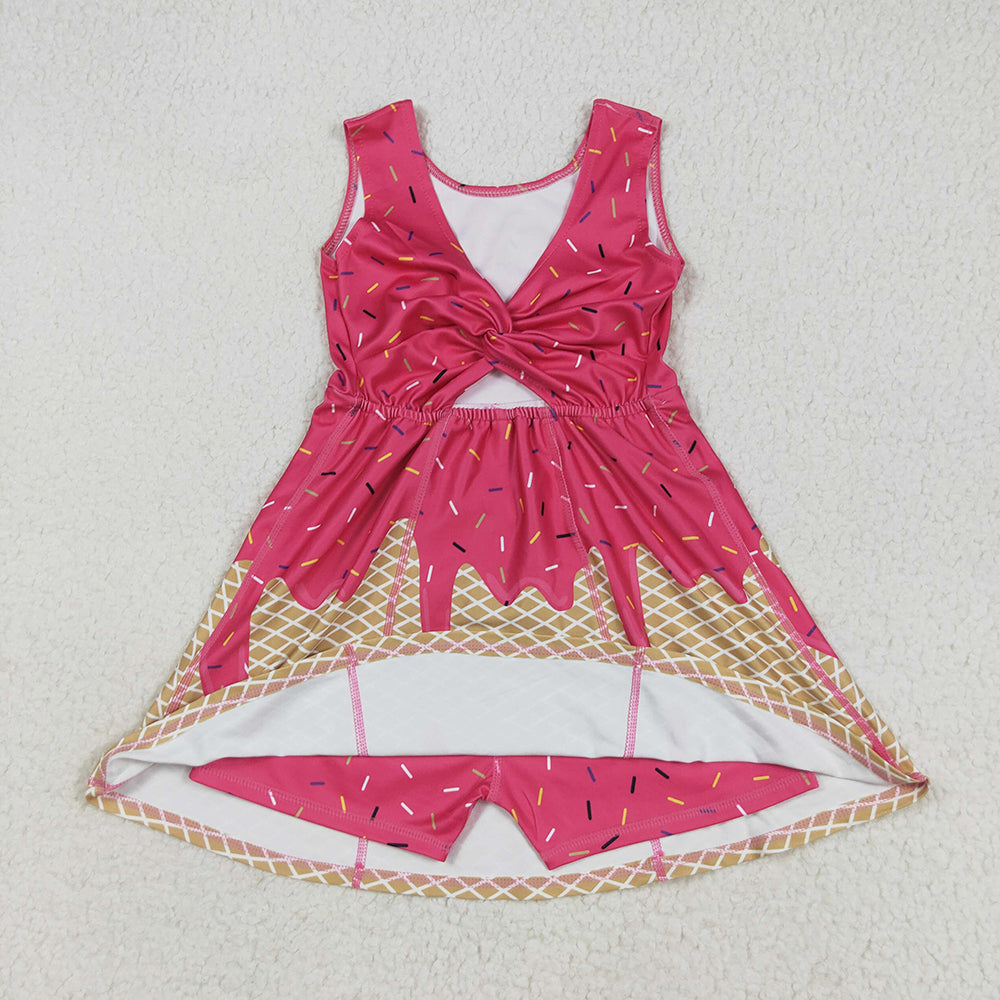 RTS NO MOQ （In stock）GSD2427 Baby Girls Summer Yoga Dress Baby Girls Pink Ice-cream Drip Yoga Skort Knee Length Dresses