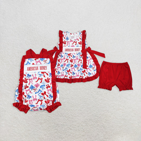 6.30  RTS NO MOQ Baby Girls Summer Outfits  American honey bow top ruffle shorts girls 4th of july clothes rompers